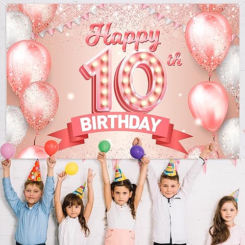 Miniatura 7 de Cartel de feliz cumpleaños número 10 de oro rosa, globos de confeti para niñas de 10 años, suministros de fiesta de cumpleaños rosa, regalos de