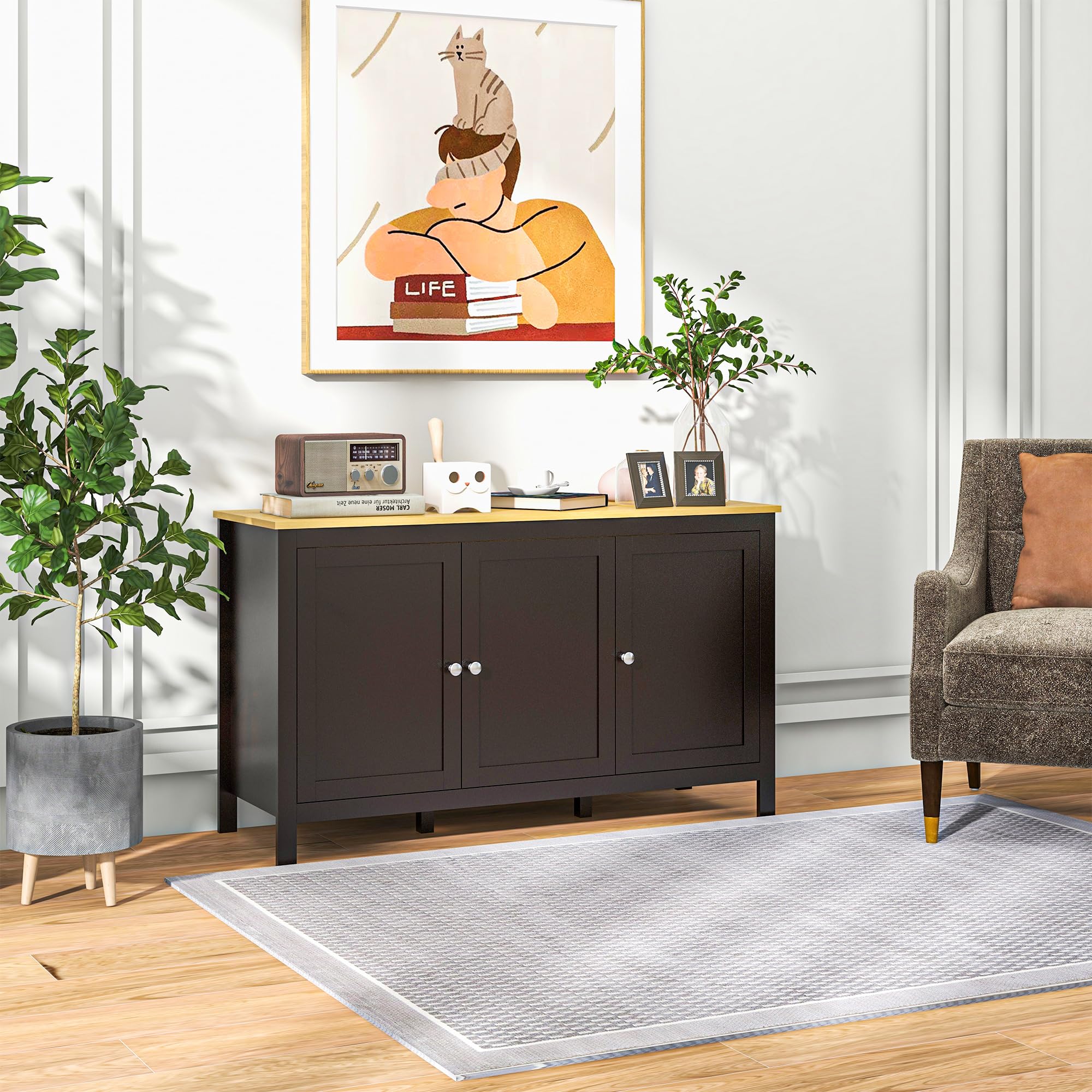 HOMCOM Buffet Meuble de Rangement avec 3 Portes 2 étagères réglables Plateau Aspect Bois Clair - 120 x 40 x 70 cm Noir