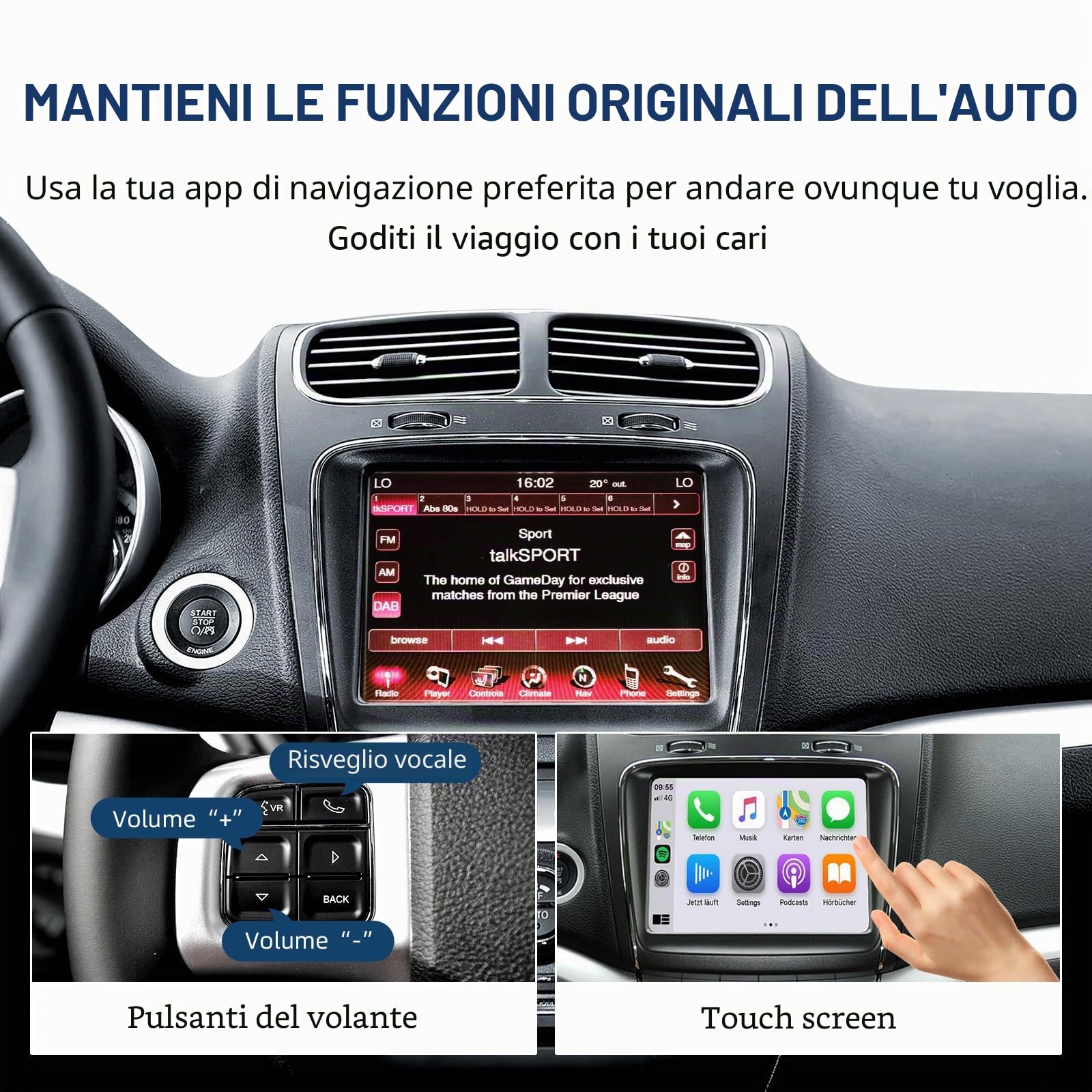 Wireless CarPlay e Android Auto Kit di Retrofit Decoder per Fiat Freemont | Adattatore di Plug & Play per Chrysler 300C / Dodge / Maserati con SWC, Wi-Fi, Bluetooth, Controllo Vocale e Navigazione GPS