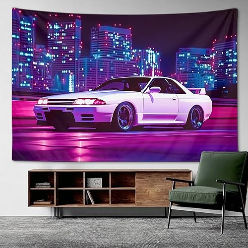 Miniatura 1 de PailailaiNest Arte de pared Jdm Car White R32 Neon City Night Scene Estética Tapiz colgante de pared para dormitorio, decoración de pared del hogar,