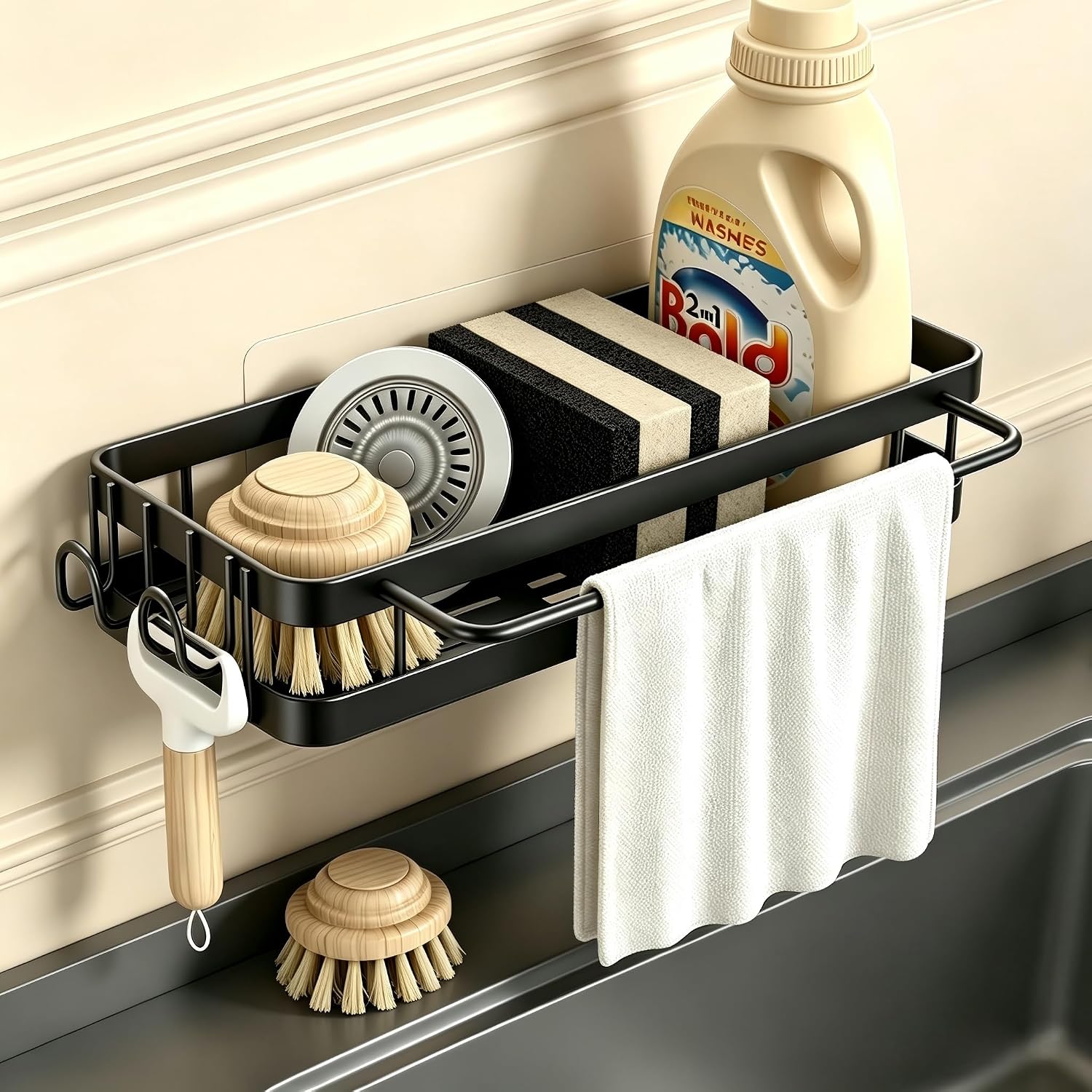 Sink Porta Spugne Lavello Cucina da Appendere, Organizer Lavello con Portasciugamani e Due ganci, Portaspugne per Lavello nessuna perforazione (Nero)