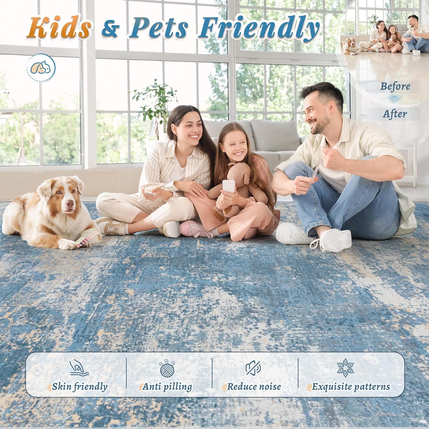 5x7 Area Rugs for Living Room: Washable Modern Abstract Blue Rug Large Non Slip Soft Rugs Low Pile Indoor Carpet for Bedroom, Dining Room, Nursery, Office (Blue, 5'x7')