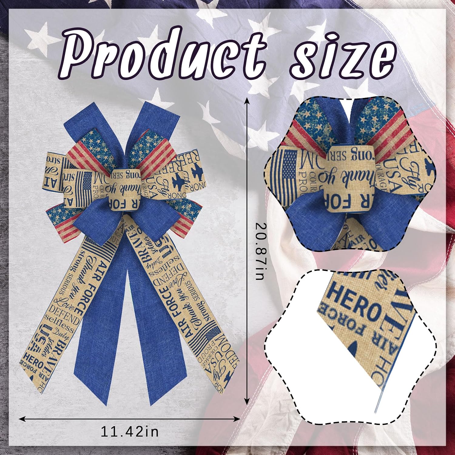 ALIBBON Large Air Force Bow for Wreaths, American Flag Decoration for Front Door, Stars and Stripes for Veterans Day Patriotic Wreath, Indoor Outdoor Army Decor