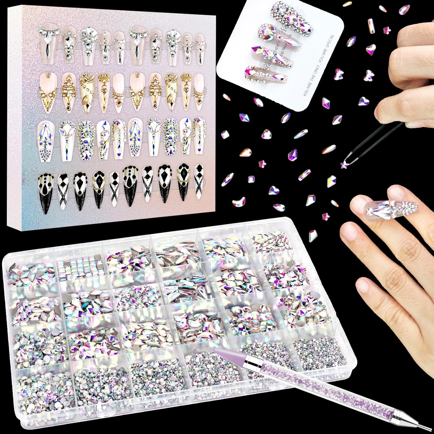 Dowarm 6000pcs Nail Rhinestones Kit, 16 Types of 800PCS Special-Shaped Diamonds + 5200PCS Flatback Rhinestones, 3D Crystal AB Glass Gemstones for Nail Crafts Decoration, Jewelry Gem Stones Charm