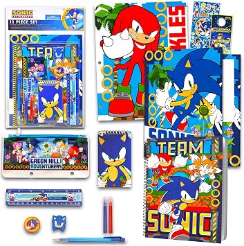 Sonic School Supplies Kids - 14 Pc Bundle with Folders, Notebook, Stickers, More Featuring Shadow Tails Knuckles | Sonic the Hedgehog Back to School Supplies