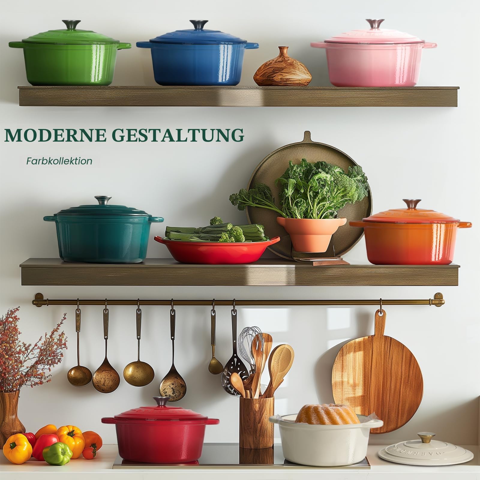 Overmont Bräter emaille Gusseisen Topf - Schmortopf 26cm backofengeeignet - mit Deckel und Kochbuch - für Küche Backen Schmoren Braten Seeblau – Bild 4