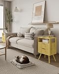 JOONEE Nightstand with Charging Station and LED Lights,Modern Bedside Table with 2 Storage Drawer and Open Wood Shelf, for Bedroom and Small Spaces,Night Stand with Solid Wood Legs, Yellow Oak