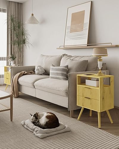 Miniatura 3 de Mesita de noche con estación de carga y luces LED, moderna mesita de noche con 2 cajones de almacenamiento y estante de madera abierta, para