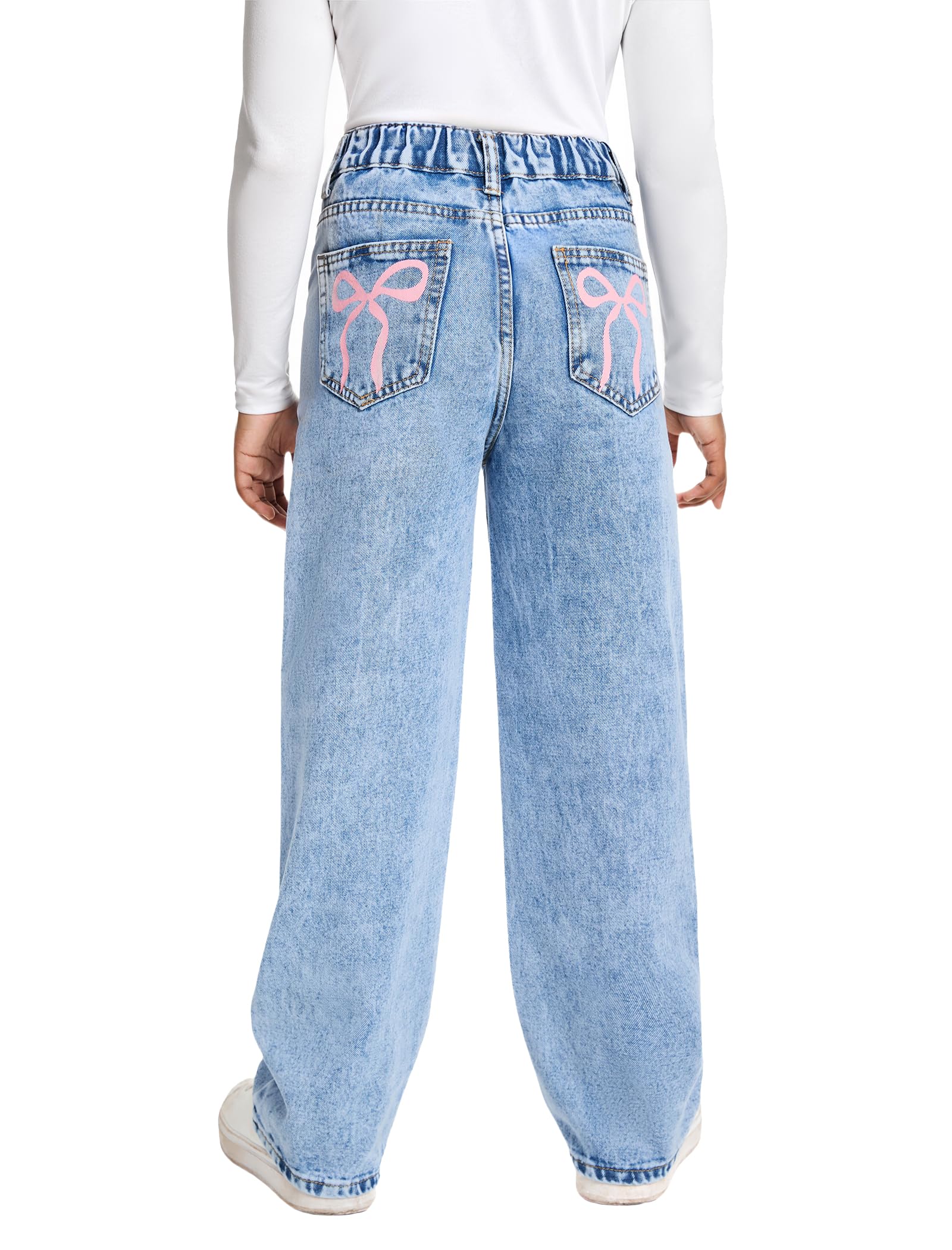 Fulihug Jeans for Girls Baggy Wide Leg Cute Bow High Elastic Waisted Denim Pants Y2K Boyfriend Skater Streetwear 7-14Y
