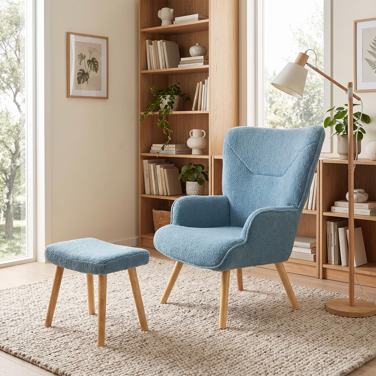 Ohrensessel Sessel Wohnzimmer mit Hocker, Skandinavischer Stil Relaxsessel Polstersessel mit Hoher Rückenlehne Loungesessel aus Teddy-Stoff, Taubenblau