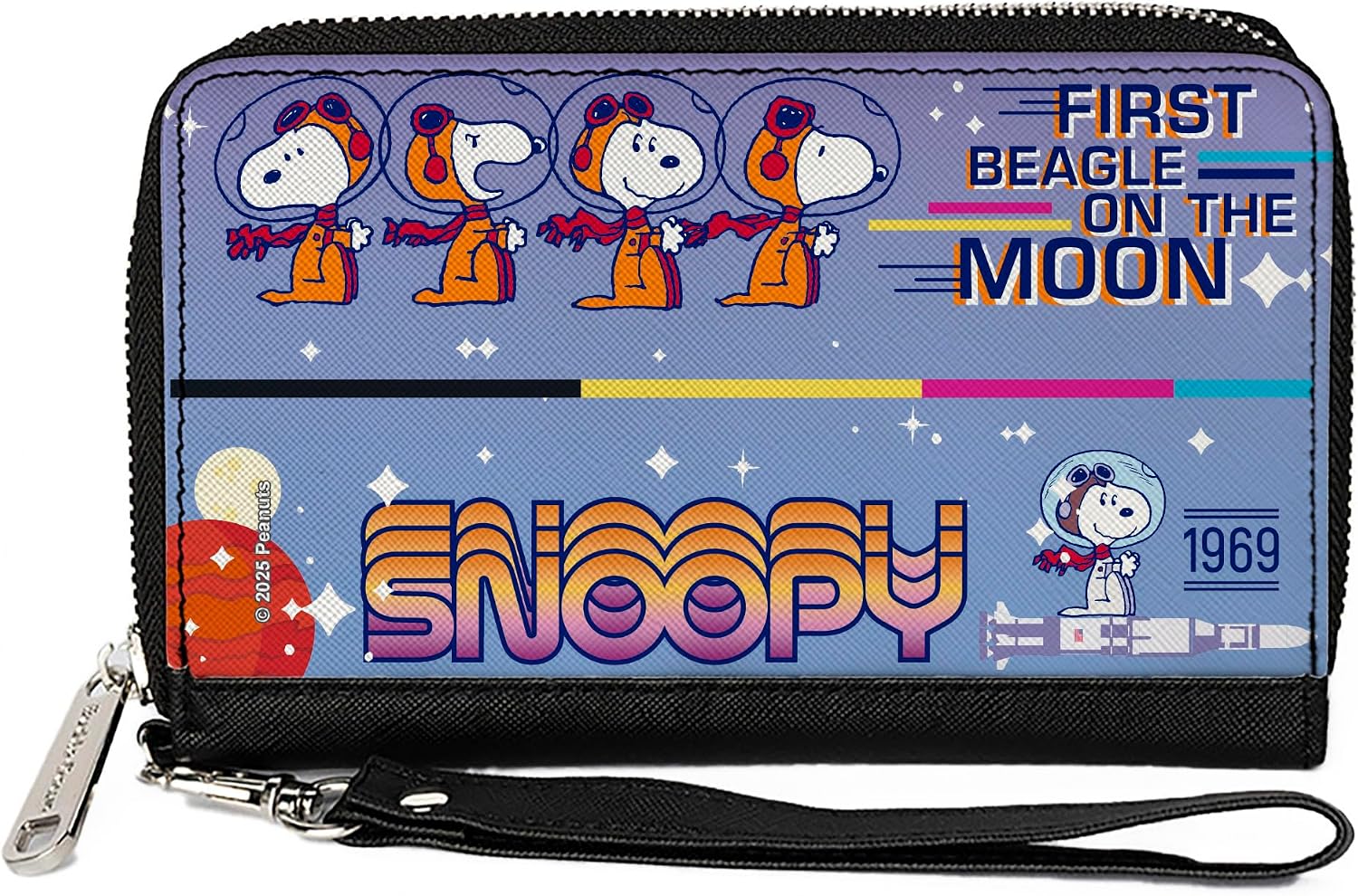 Buckle-Down Peanuts Wallet, Zip Around, Snoopy First Beagle on the Moon Poses Blue Multi Color, Vegan Leather
