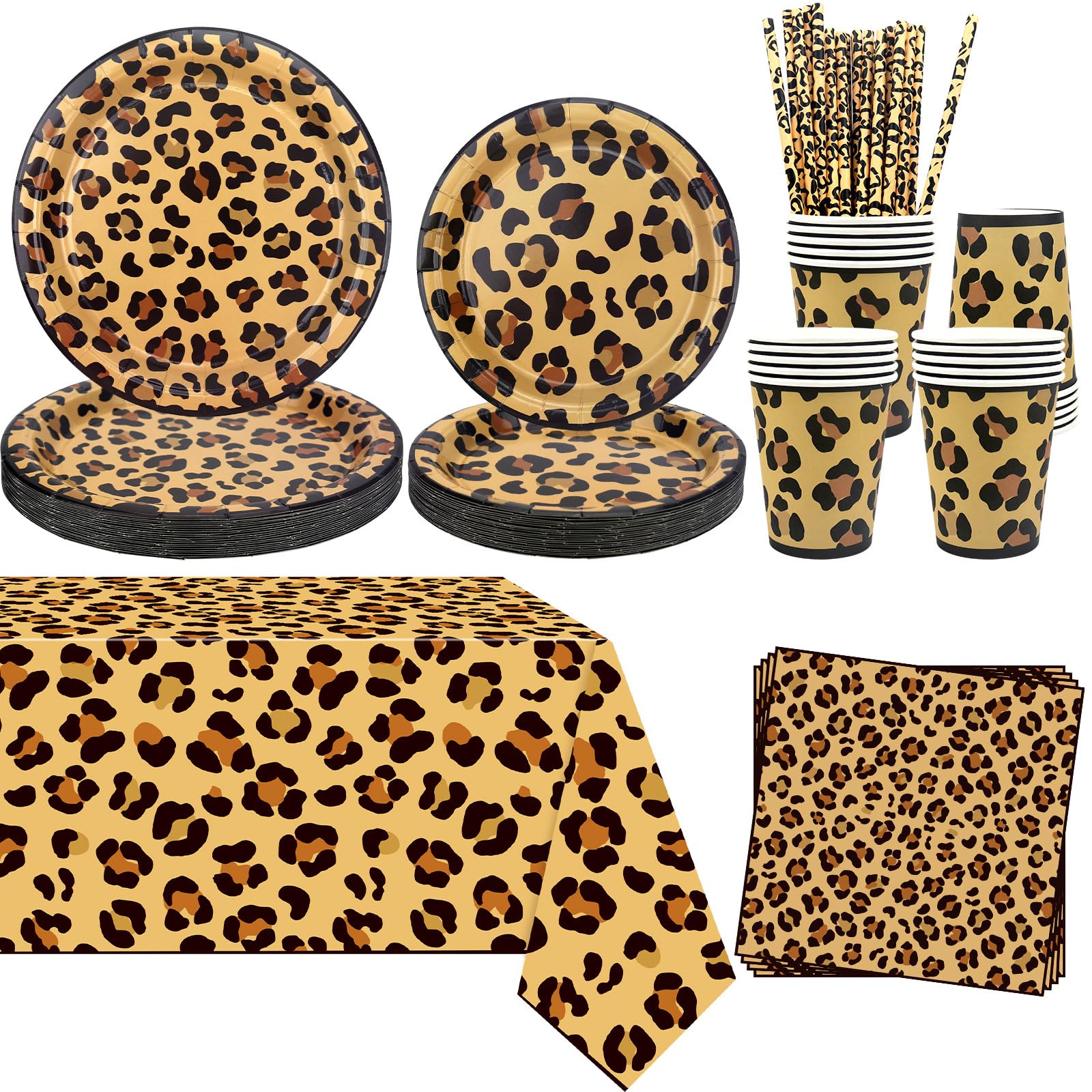 Jungle Safari Dieren Feesttafelkleed en Servetten Set, 21P Luipaard Print Feestservies Set Tafeldecoraties, Kunststof PVC Tafelkleed en Servetten voor Kinderen Jungle Safari Dierentuin Dieren