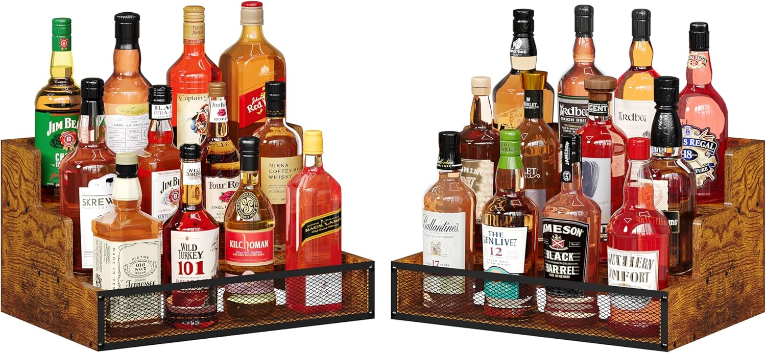 2 Pack 3 Step Countertop Liquor Bottle Display Shelf, Wood Bar Shelves 12 Bottles with Fences, Freestanding Storage Shelves for Liquor Whiskey Wine Coffee Syrup Display, Retro Wine Rack Home