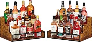 2 Pack 3 Step Countertop Liquor Bottle Display Shelf, Wood Bar Shelves 12 Bottles with Fences, Freestanding Storage Shelves for Liquor Whiskey Wine Coffee Syrup Display, Retro Wine Rack Home