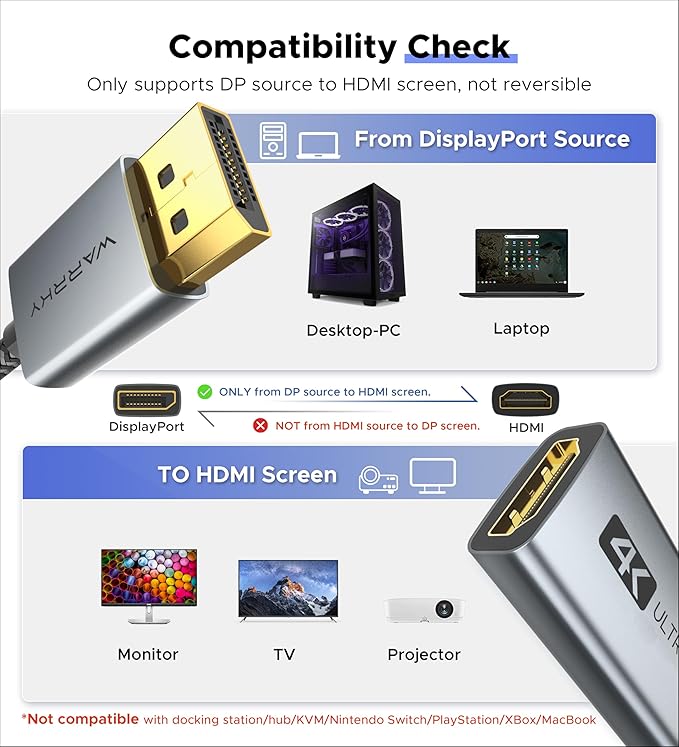 Adaptador Warrky DisplayPort a HDMI 4K@30Hz, Macho a Hembra, Plateado miniatura 6