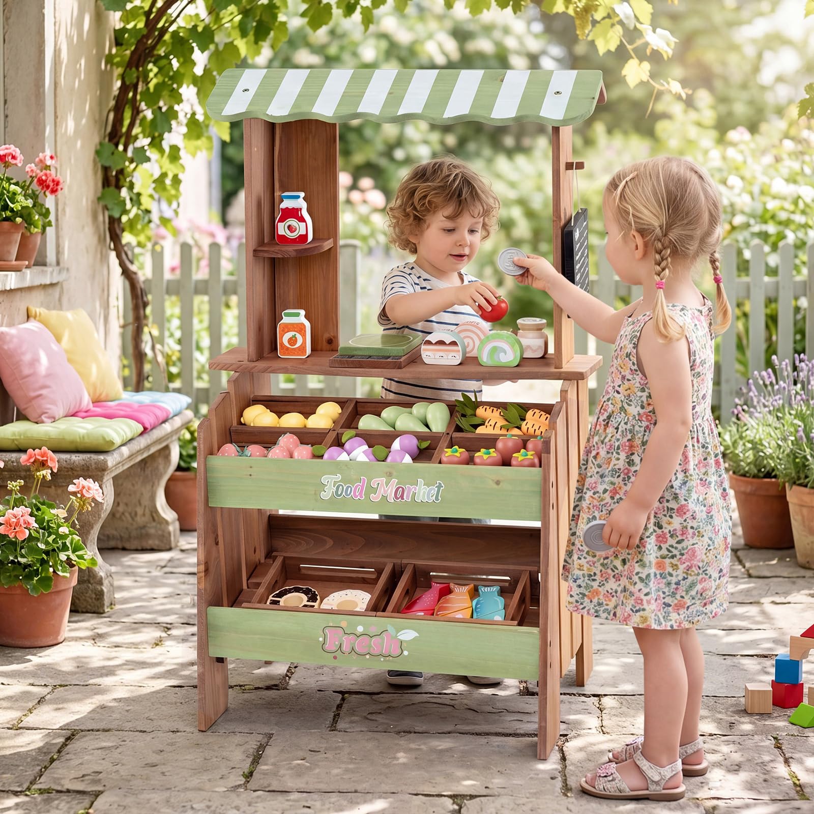 COSTWAY Kinder Kaufladen, Kaufmannsladen mit Waage, Kreidetafel, 43 Zubehör | aus Holz, Verkaufsstand mit 6 Fächern & 2 Boxen, Supermarkt für Kinder ab 3 Jahren
