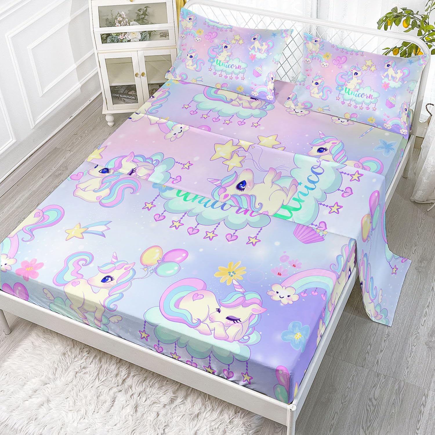 Datura Home Watercolor Unicorn Sheet Set - 4 Pcs, Pink & Purple Theme, Cute Unicorn Print, Twin Size, 1 Flat + 1 Fitted Sheet + 2 Pillowcases