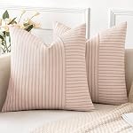 MIULEE Khaki and Beige Patchwork Farmhouse Pillow Covers 18x18 Inch, Pack of 2 Striped Linen Decorative Modern Accent Pillow Cases for Sofa Couch Bedroom