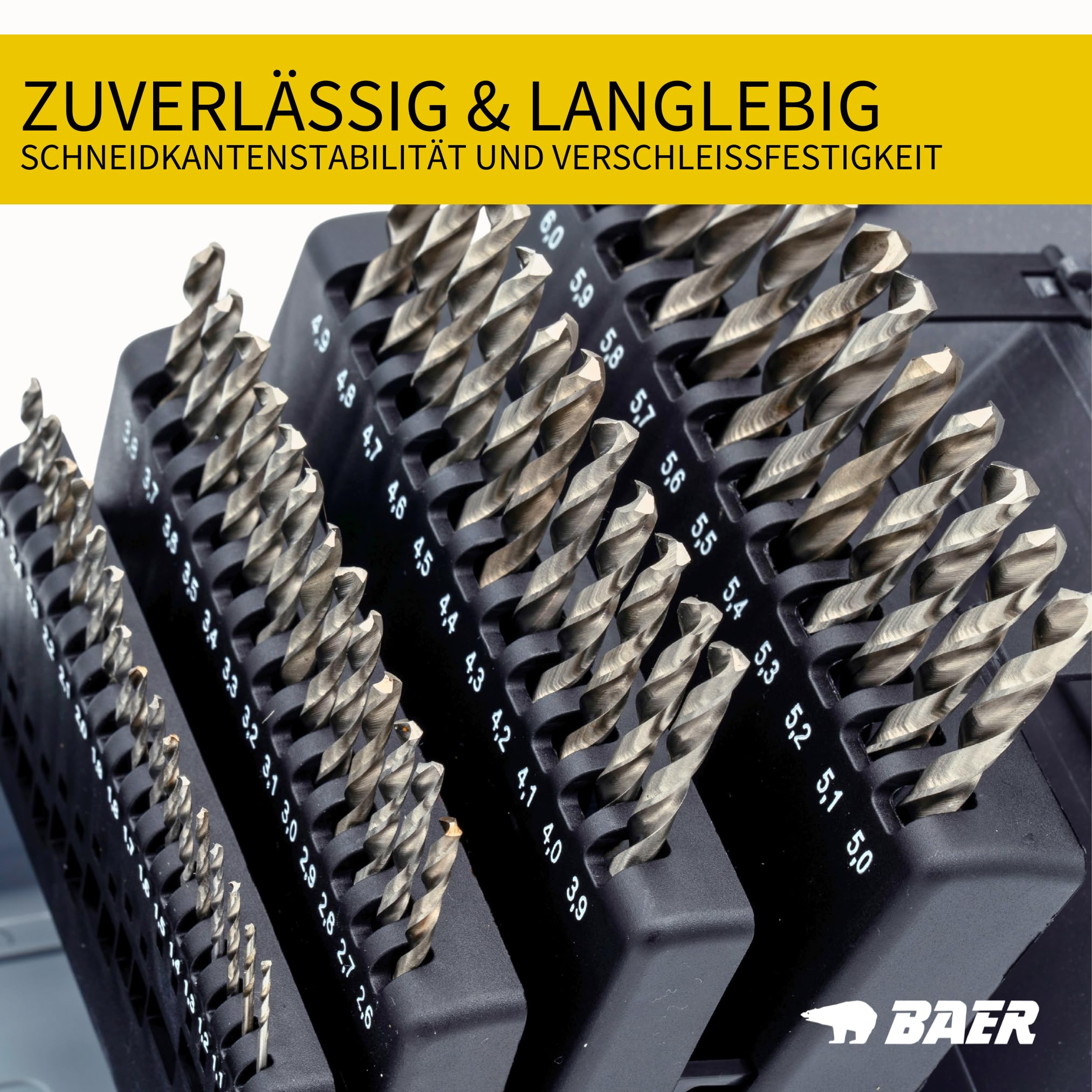 BAER Spiralbohrer Set 51-tlg. │ Ø 1–6 mm (je 0,1 mm) │ HSS-G geschliffen │ DIN 338 Typ N │ Metallbohrer für Stahl, Stahlguss, Grauguss, Gusseisen │ Spiralbohrersatz BaerCoil