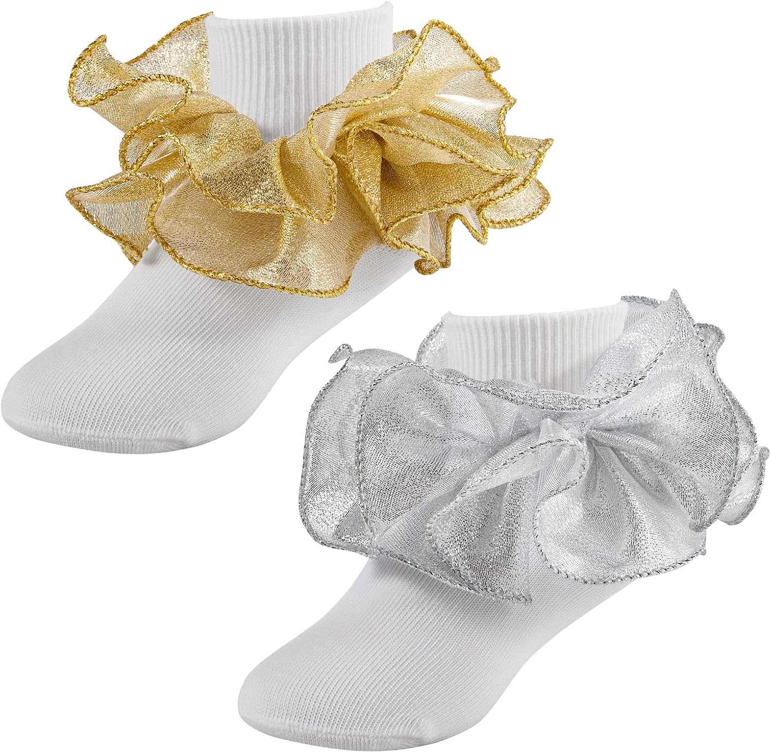 Big Ruffle Socks For Girls,Little Girl Lace Frilly Dress Socks Kids Turn Cuff Socks,White & Glod Frilly Princess