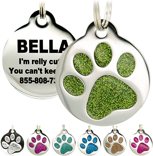 Etiqueta grabada para mascotas para perros y gatos, personalizada con 4 líneas de identificación grabada, huella de pata redonda, acero inoxidable