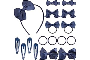 17 Pieces Kids Hair Bows Set with Navy Blue Grosgrain Ribbon for School Uniform