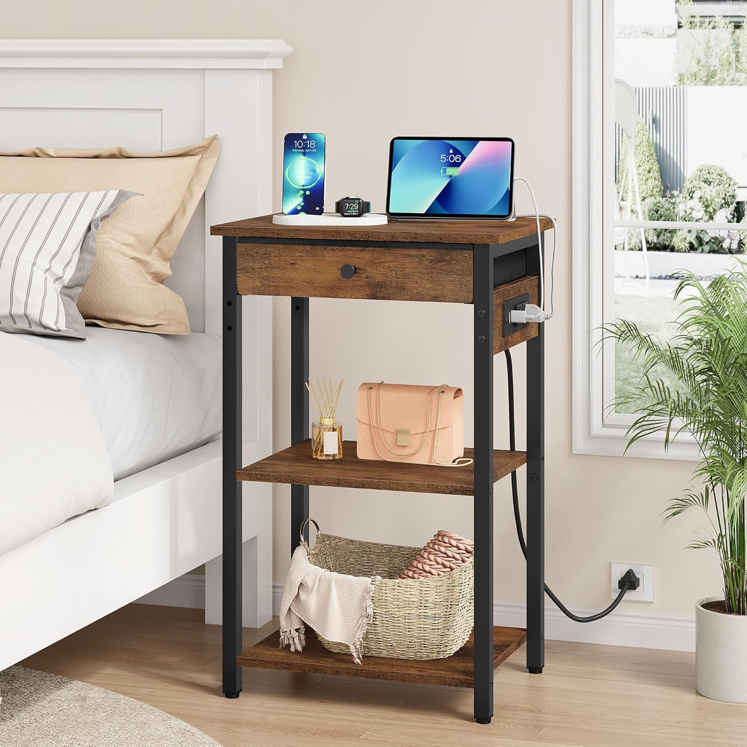 Gewudraw Printer Stand with Charging Station, 3-Tier Under Desk Printer Table, End Table with Storage Shelves for Home Office, Living Room,Bedroom,Bathroom,Brown