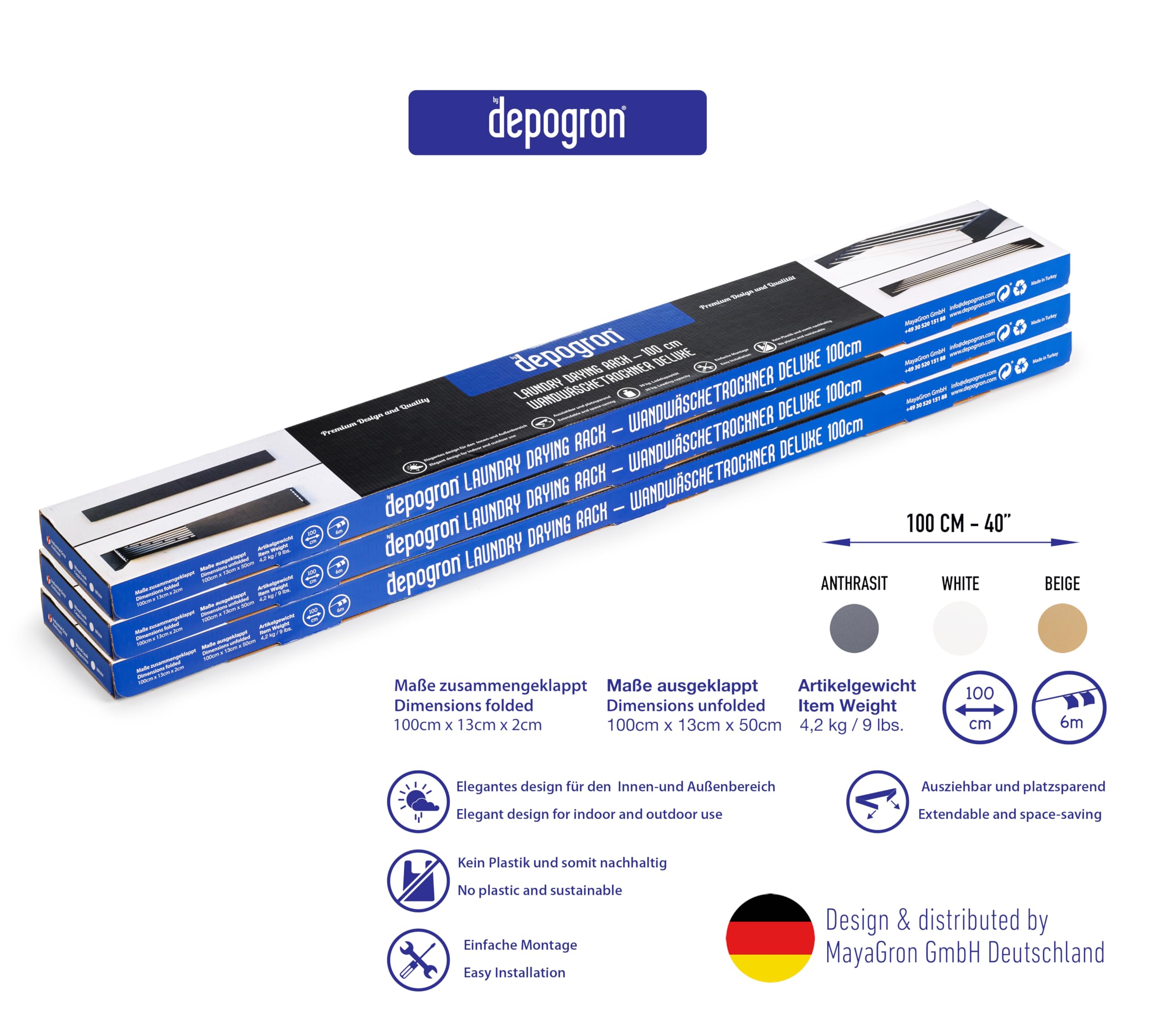 Wand-Wäschetrockner 100 cm – 6-Stangen klappbar & ausziehbar – 6 m Trockenlänge – bis 25 kg – platzsparend – für Innen & Außen – Anthrazit