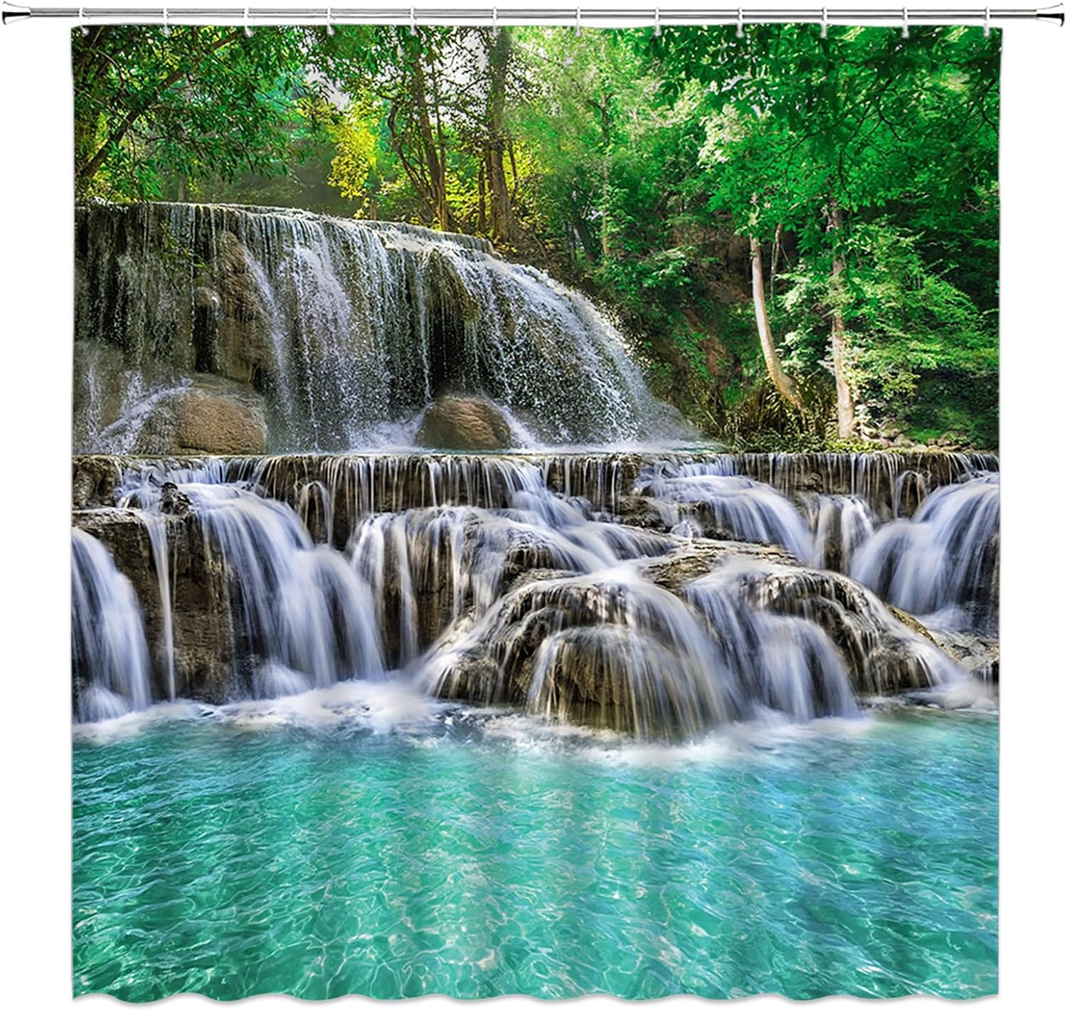 Waterfall Shower Curtain Green Forest Tree Tropical Jungle Rainforest Spring Summer Nature Landscape Fabric Bathroom Curtain Set with Hooks(74.8" Wx70 H)