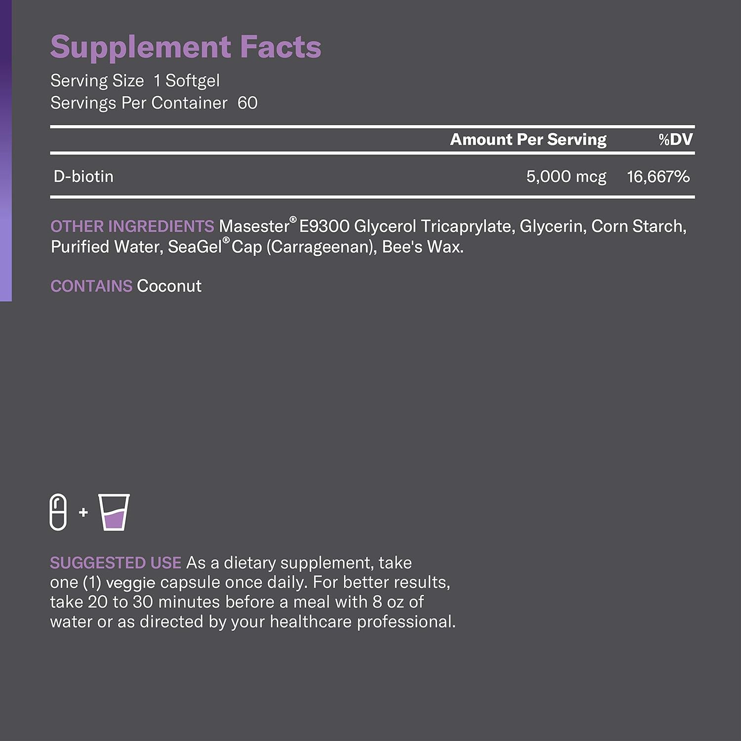 Biotin 5000 MCG - Vitamin B7 with Coconut Oil - Natural Biotin Supplement for Hair Growth, Nail & Skin Health - Vegan & Non-GMO - Skin, Hair and Nail Vitamins - 60 Capsules : Health & Household