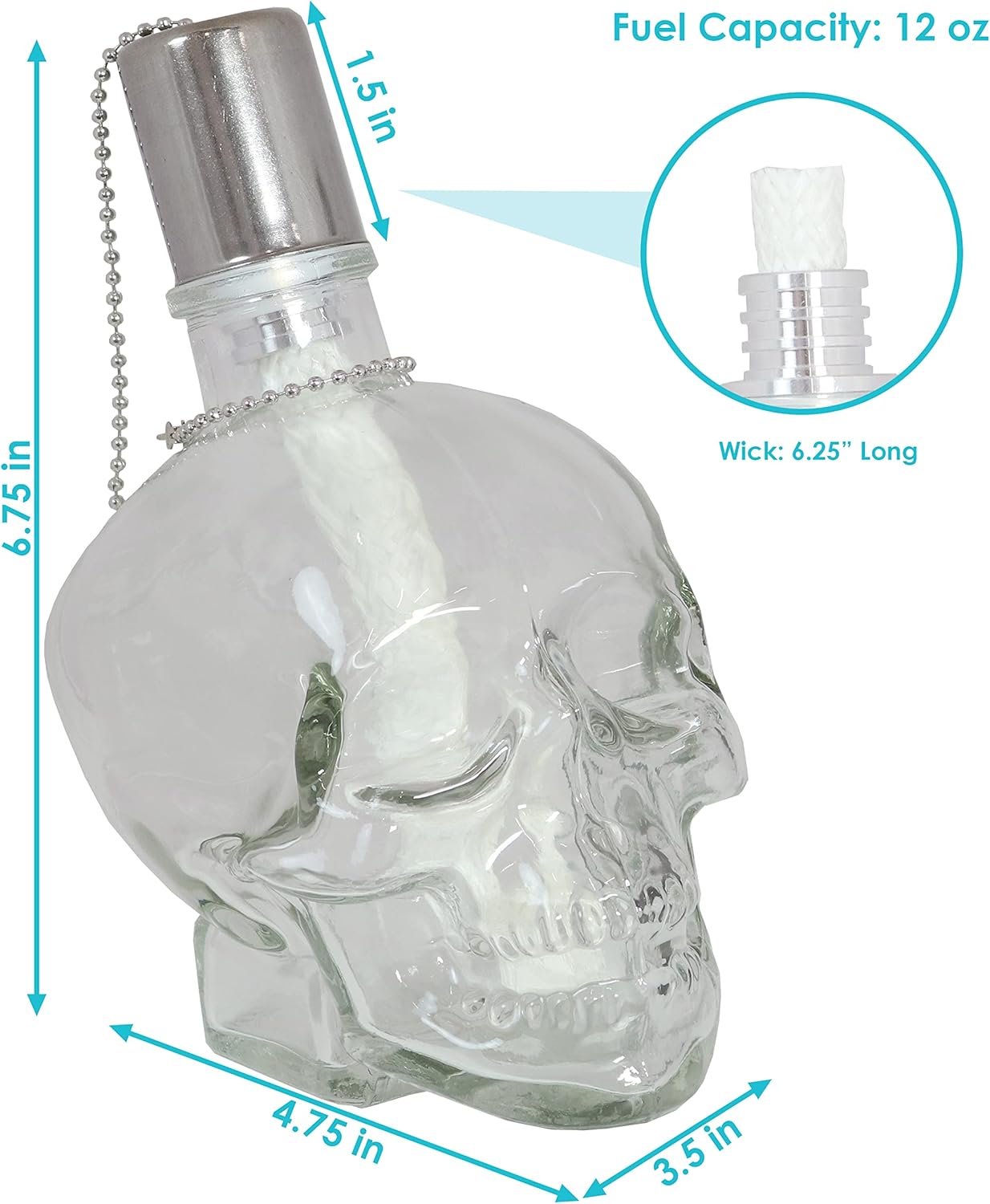 Sunnydaze Grinning Skull Glass Tabletop Torches - Outdoor Patio Lighting - Includes Wicks and Attached Snuffers - Set of 4 Refillable Torches - Clear