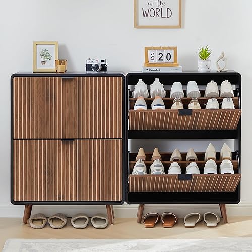 Miniatura 6 de Gabinete de almacenamiento para zapatos con estrías para entrada, gabinete delgado para zapatos con 2 cajones abatibles, organizador estrecho de