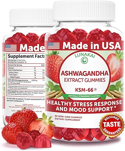 Lunakai Gomitas Ashwagandha KSM-66 fabricadas en Estados Unidos para mujeres y hombres, suplemento de apoyo para el estrés, el estado de ánimo y el