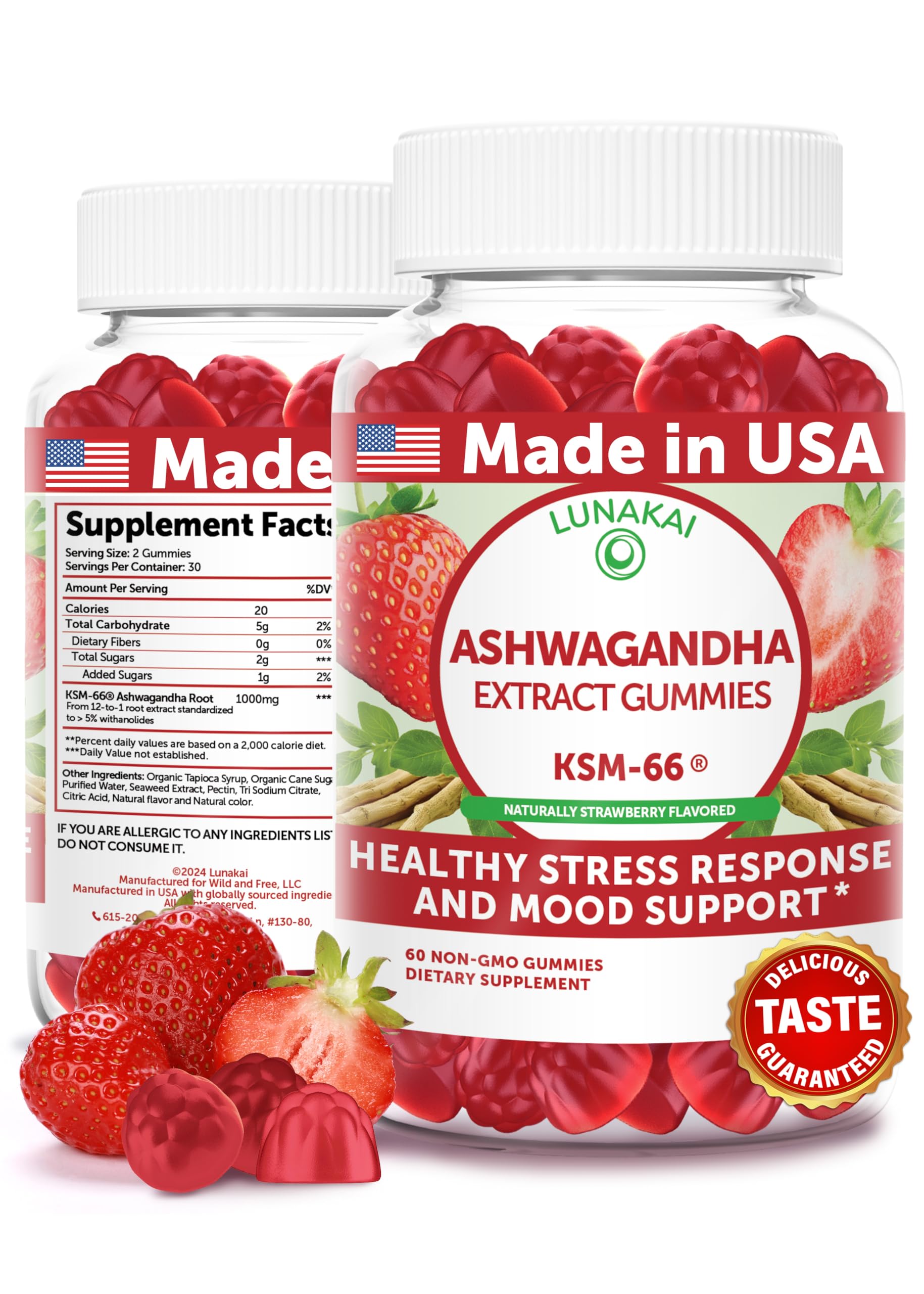 Lunakai USA Manufactured KSM-66 Ashwagandha Gummies for Women & Men – Daily Vegan Supplement for Stress, Mood & Sleep Support, 60ct