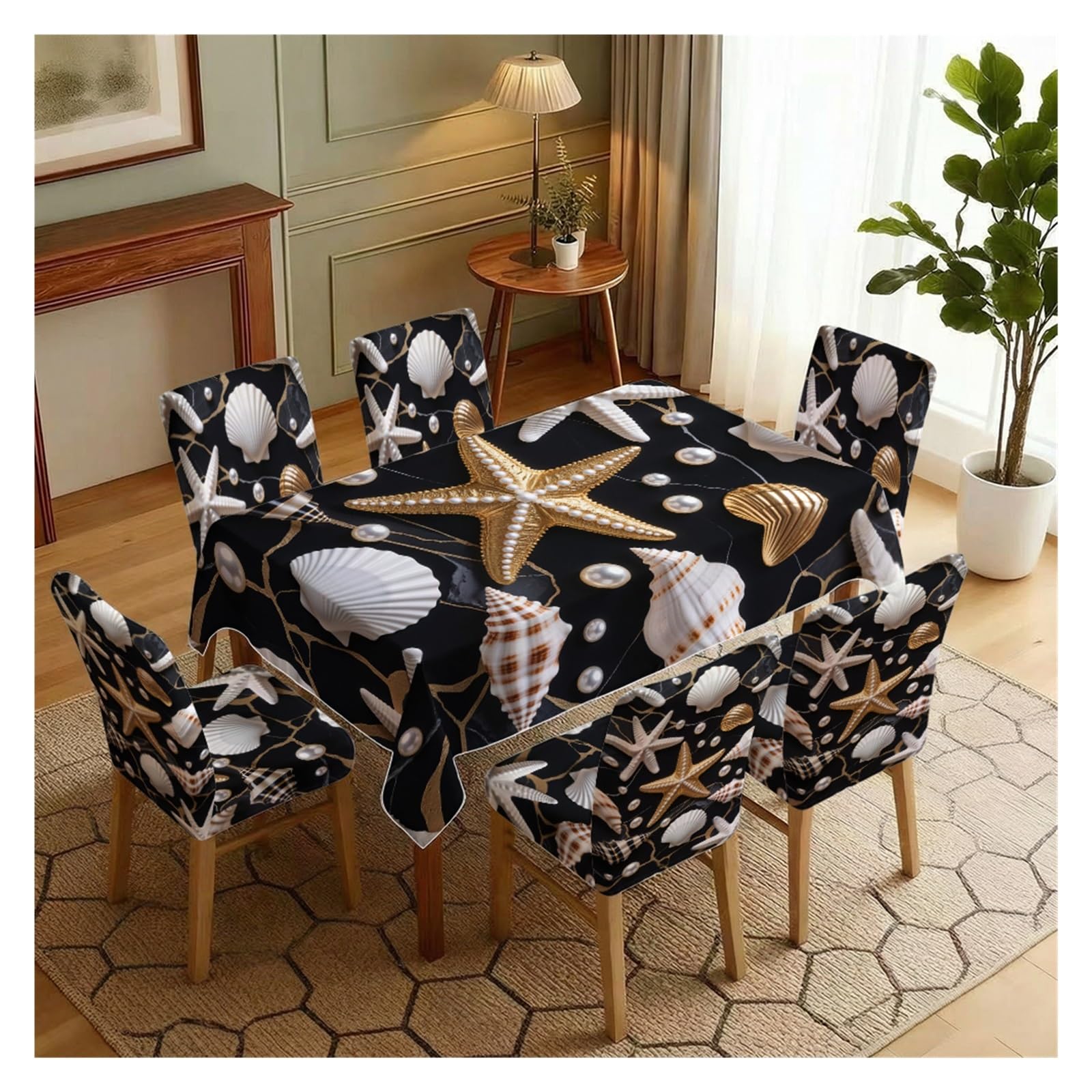 BOSUYBN Black Marble Starfish Seashell Dining Tablecloth & Chair Covers Set, 5/7 Piece Luxury Nautical Coastal Home Decor Table Setting(7pcs Set: Tablecloth+Chair Covers)