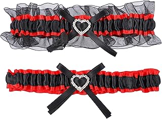2pcs Lace Wedding Bridal Garter with Rhinestone Heart and Bow for Bride Dress Accessories Red Black - Buy now