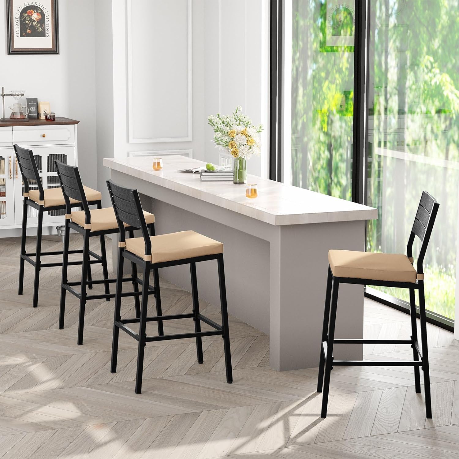 Crestlive Products Outdoor Bar Stools Set of 4, Patio Counter Height Barstools with Cushions, Tall Chairs with Back and Footrest for Deck, Lawn, Garden, Backyard, Poolside, Or Indoor Use (Beige)