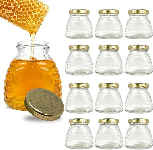 RetroPak Beehive Honey Jars 12 Pack - 12 oz Glass Jars with Gold Hex Lids, Airtight & Reusable RetroPak Beehive Honey Jars 12 Pack - 12 oz Glass Jars with Gold Hex Lids, Airtight & Reusable