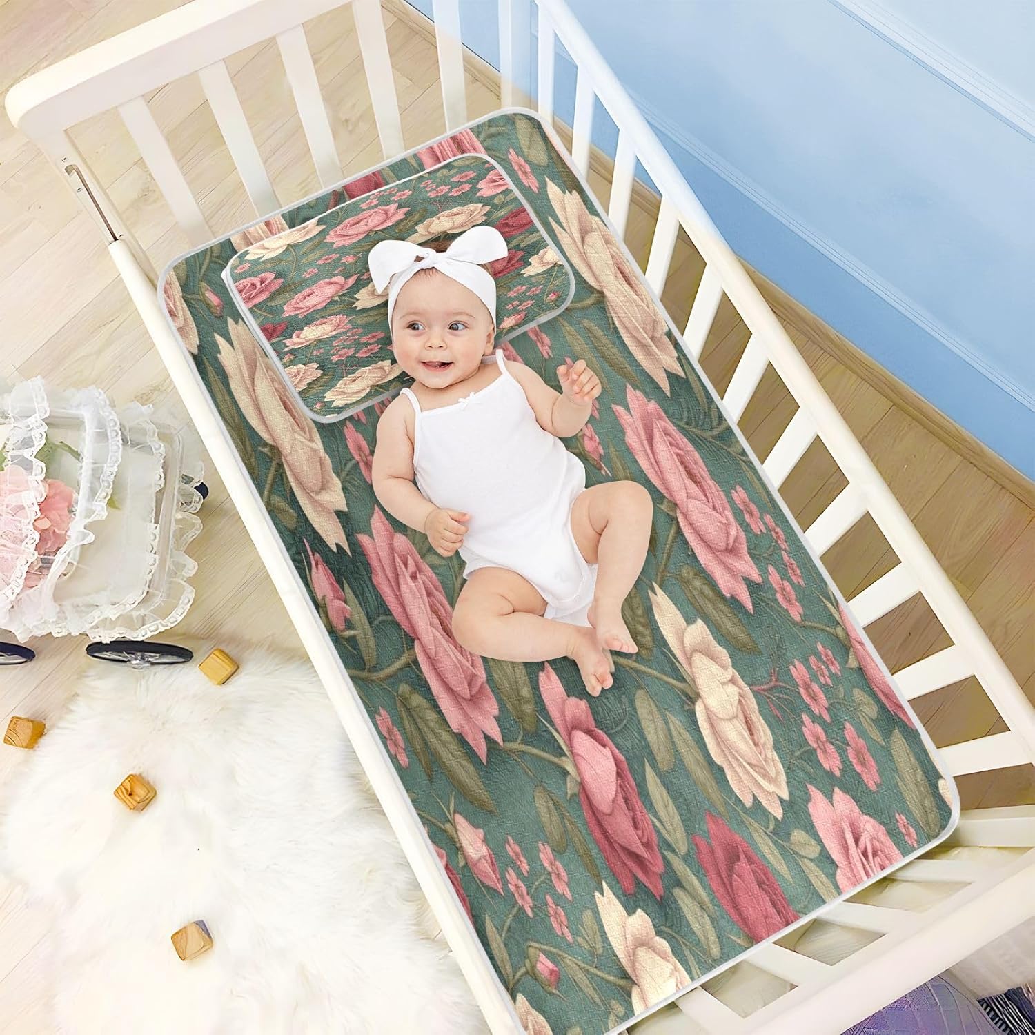 Cooling Baby Mattress pad Cover 28" x 52" Reusable Bohemian Roses Vintage Flowers Pads for Bed Washable for Kids, Adult