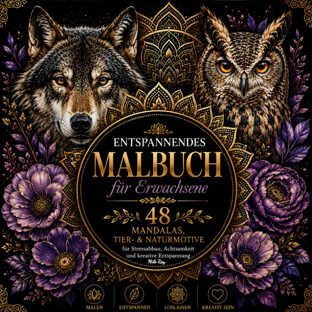 Entspannendes Malbuch für Erwachsene: 48 Mandalas, Tier- & Naturmotive für Stressabbau, Achtsamkeit und kreative Entspannung