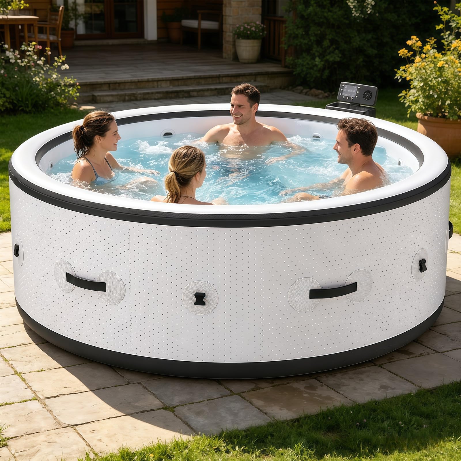 BANGBANGJI Spa Gonflable Rond pour Extérieur, Ensemble Massage à Bulles 206cm, pour 4-6 Personnes, Rond 206 x 71cm, Chauffage Rapide 104°F, avec 150 Jets d'air & 1 Couverture Thermique