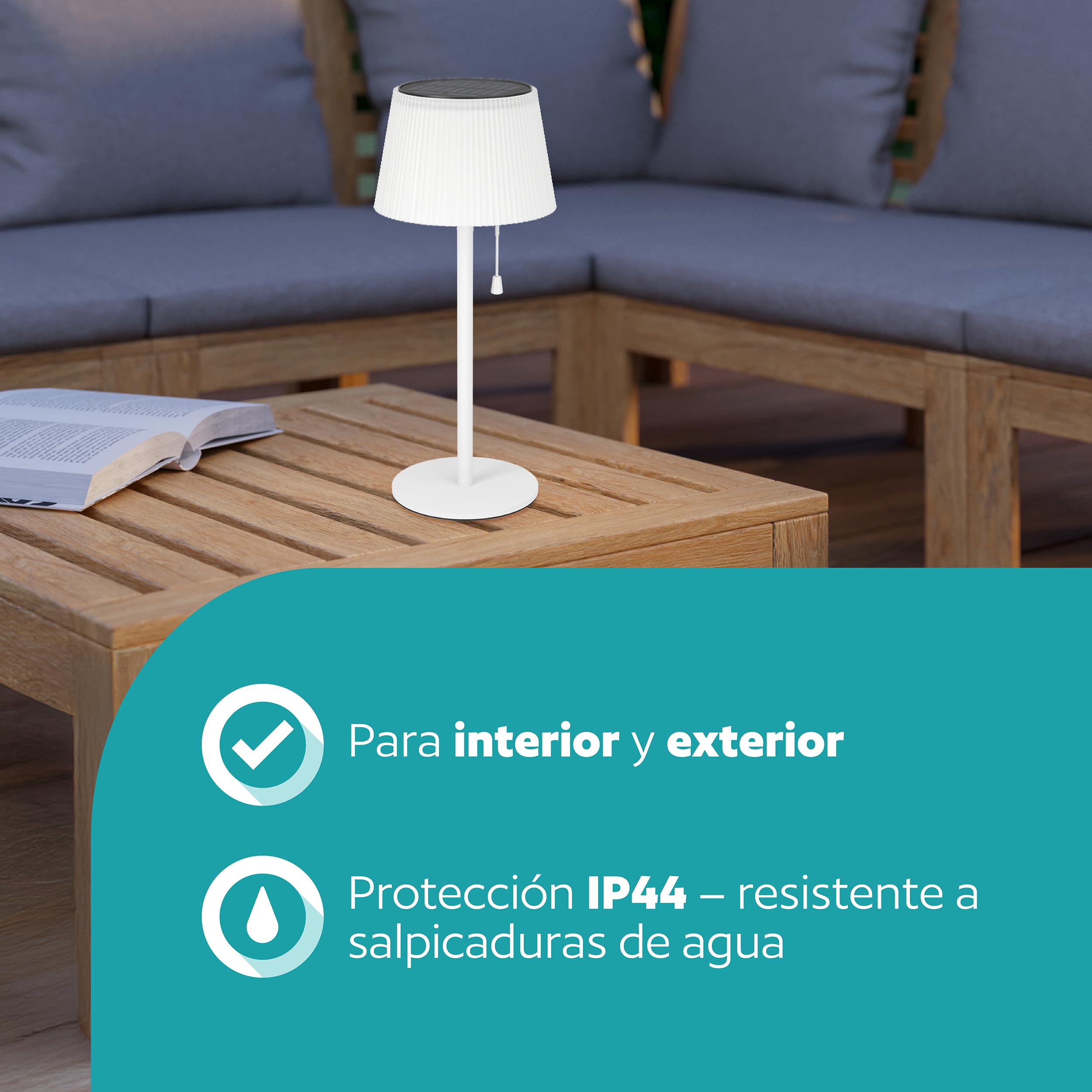 EGLO Scordiano Lámpara de mesa solar para exteriores, con batería, con interruptor de cadena, inalámbrica, acero y plástico en blanco, cálido - frío, IP44