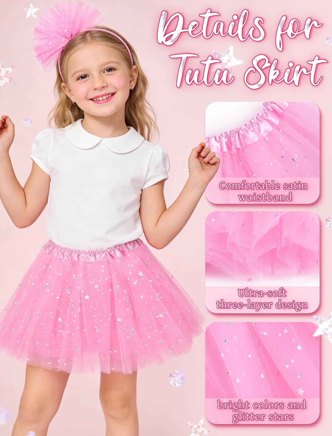 Tutu Skirt Girls 3 Layers Sequins Toddler Tulle Skirt for 4-12 Year with Headband for Halloween Cosplay Costume