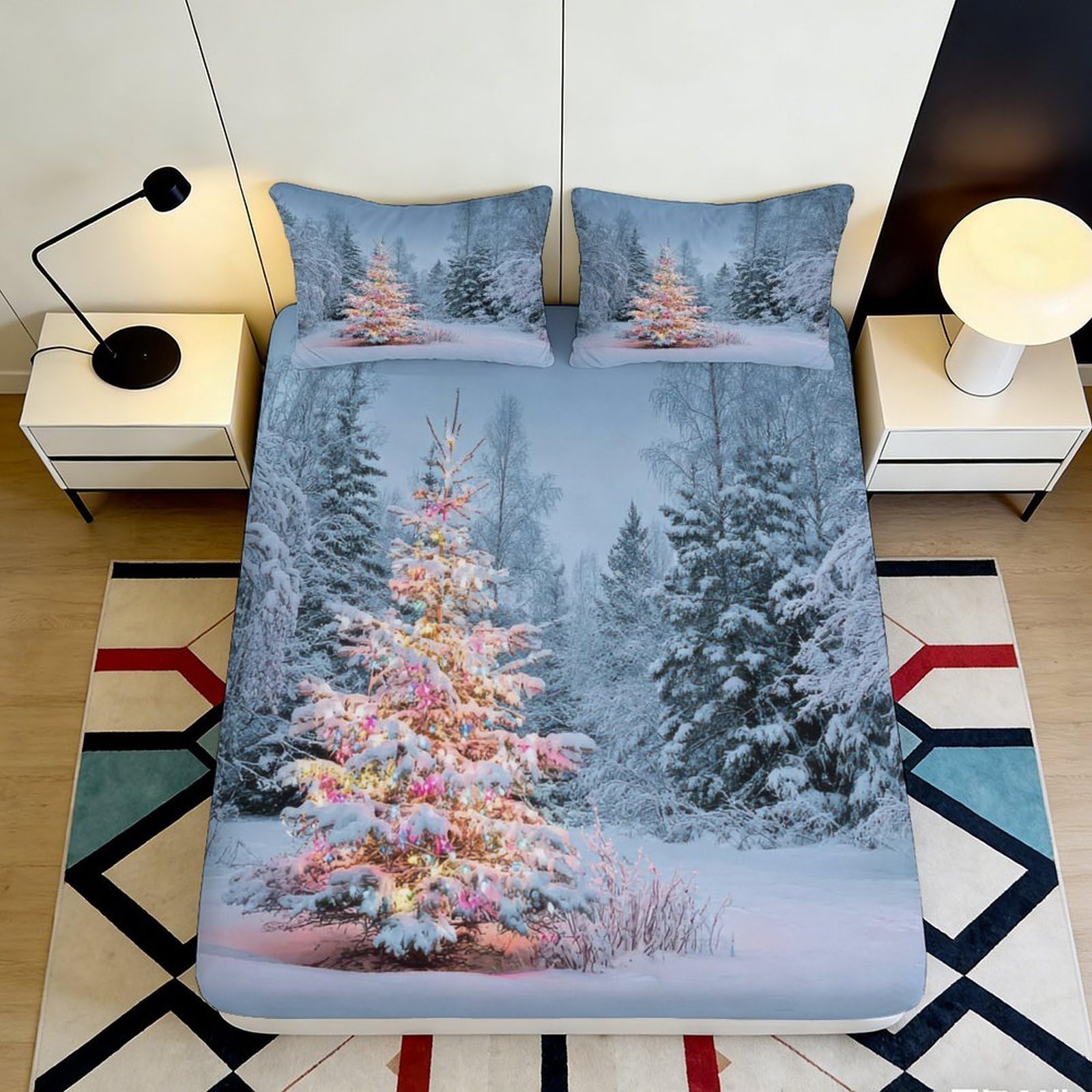 3D Printed Christmas Tree Fitted Sheet Microfiber Decorative Winter Forest Mattress Cover for Bedroom Guest Room Dorm Bed Protection 90x200x25cm