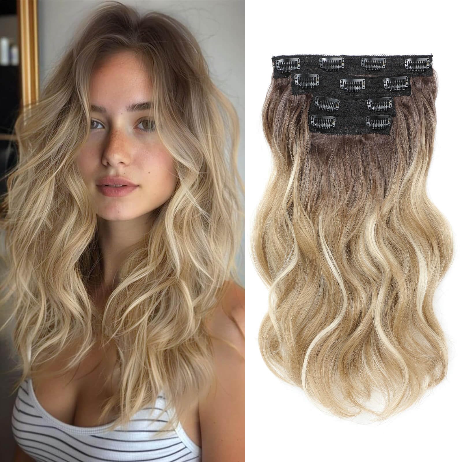 Flyroseing Ombre Brown Blonde with Highlights Clip in Hair Extension