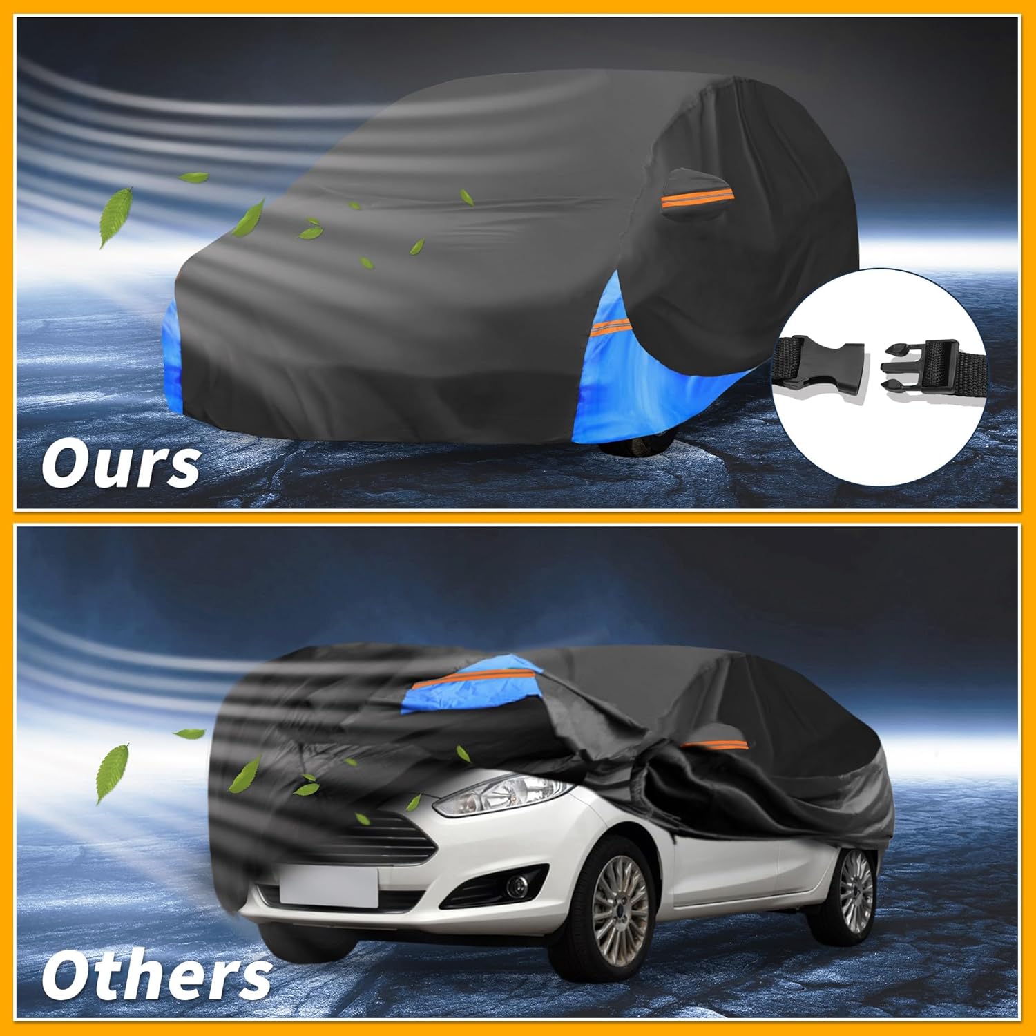 All-Weather Waterproof Car Cover - UV-Resistant Outdoor Full Exterior Protection for Ford Fiesta Sedan 210D-PU Black Blue with Right Side Zipper