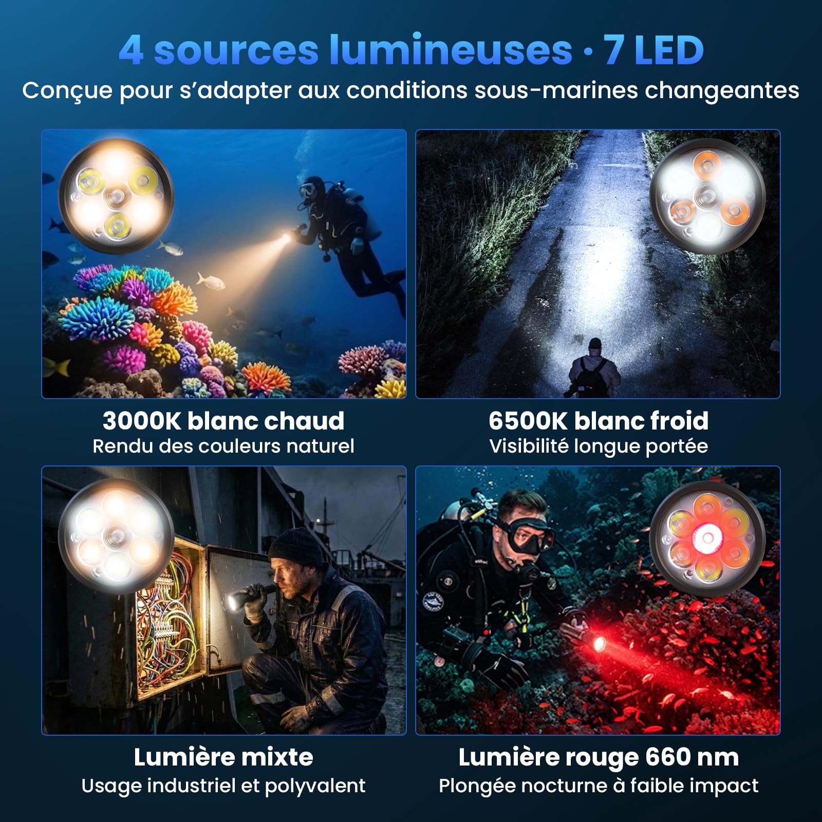 Sofirn SD11 Lampe de Plongée, 5000LM, CRI 90, Lampe de Poche Rechargeable avec Lumière Rouge 660NM, 3000K-6500K, USB-C, IPX8, avec Filetage de 1/4" et Laisse de Sécurité, pour Photographie Sous-Marine