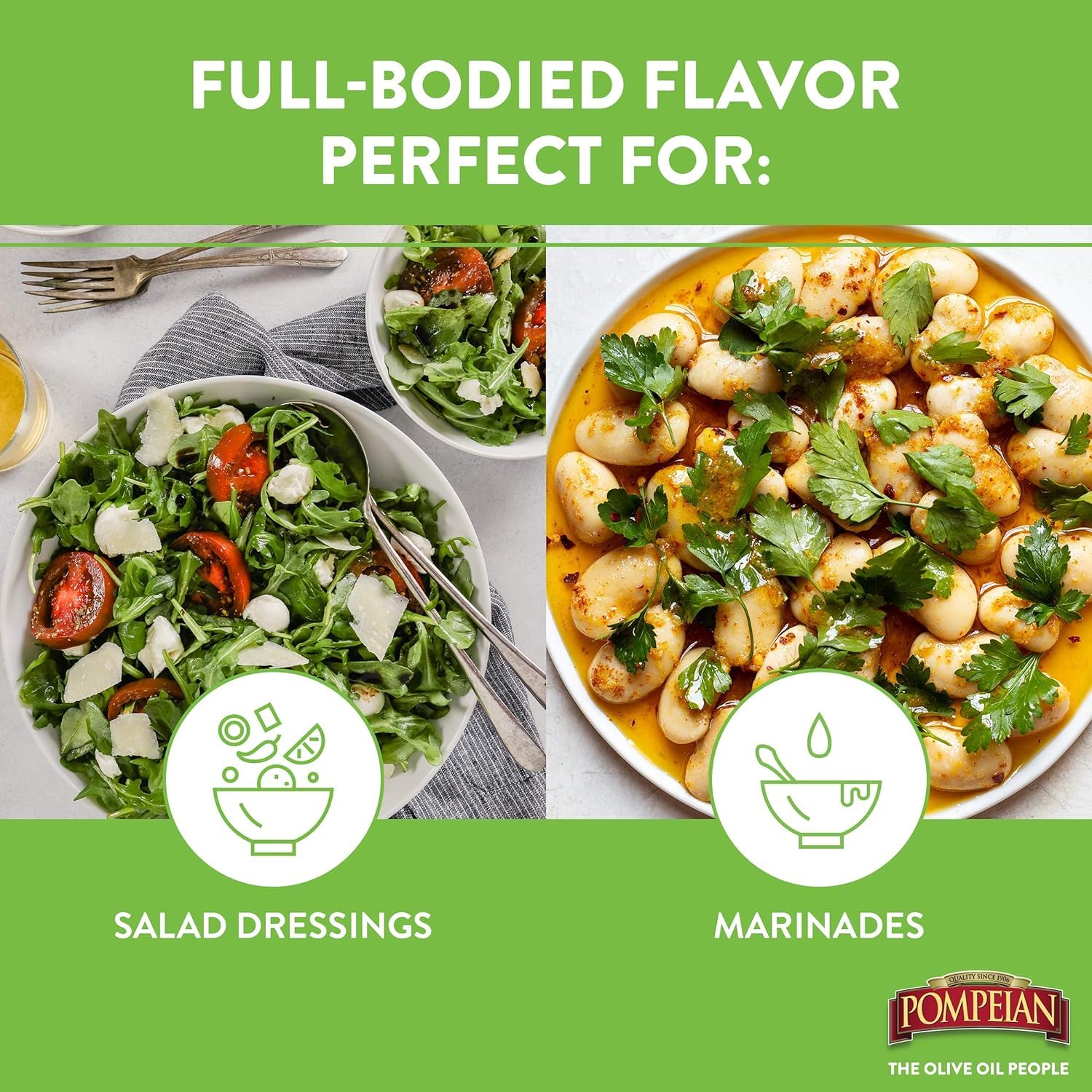 Pompeian Facile à presser, huile d'olive extra vierge robuste, première pression à froid, saveur corsée, sans désordre, parfait pour les vinaigrettes et les marinades, 80 ml, flacon à pression unique