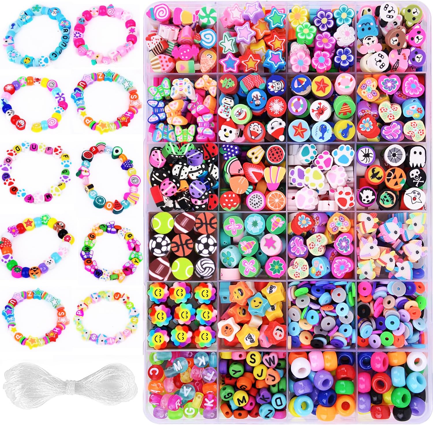 1000PCS Polymer Clay Beads Bracelet Making kit, 24 Style Cute Fun Beads Fruit Flower Smiley Animal Cake Butterfly Heart Beads Charms for Jewelry Necklace Earring Making DIY Accessories for Women Girls