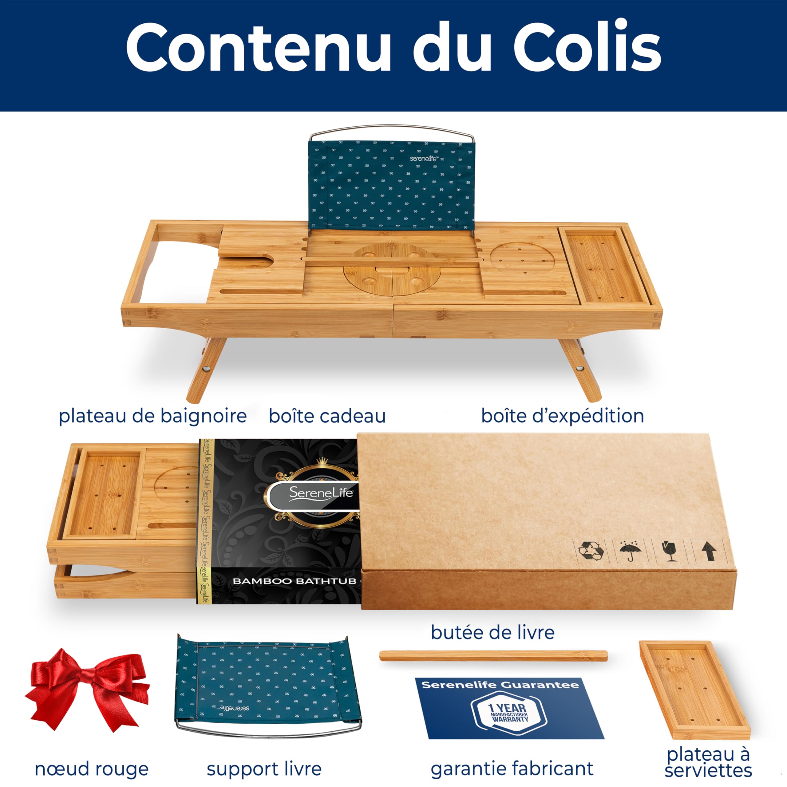 SereneLife Plateau de Baignoire en Bambou Extensible – Support de Bain Réglable avec Poignées Antidérapantes, Porte-Verre à Vin et Support pour Tablette ou Smartphone